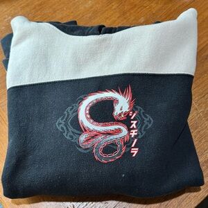 Men's Black and Cream Dragon Tribal Hoodie Sweater M